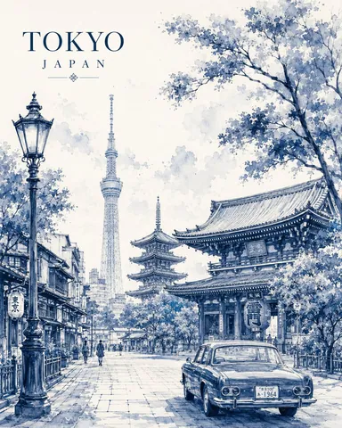 蓝色单色水彩风格的东京旅行海报