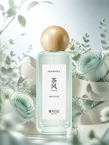 薄荷与白玫瑰环绕的香水瓶商品图