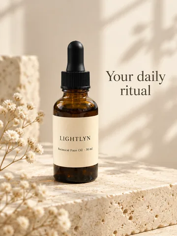 The bottle on travertine stone with dried flowers and the headline Your daily ritual