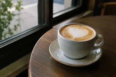 Flare: a latte with heart art on a dark wooden café table by the window