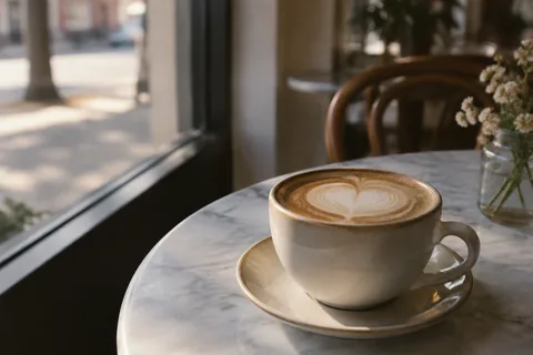 Sunburst: a latte with heart art on a marble table, flowers and a sunny street outside
