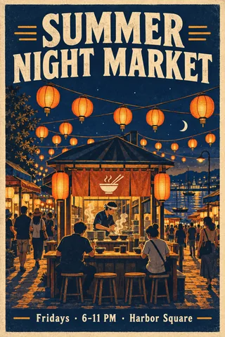 Flare: vintage poster reading SUMMER NIGHT MARKET over lanterns and a noodle stall, with Fridays · 6–11 PM · Harbor Square at the bottom