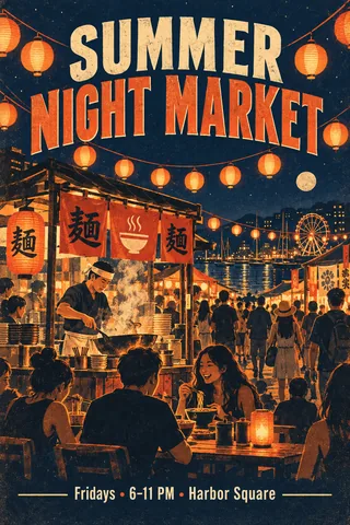 Sunburst: busier vintage poster with the same title and subtitle, a crowd, a Ferris wheel and noodle banners