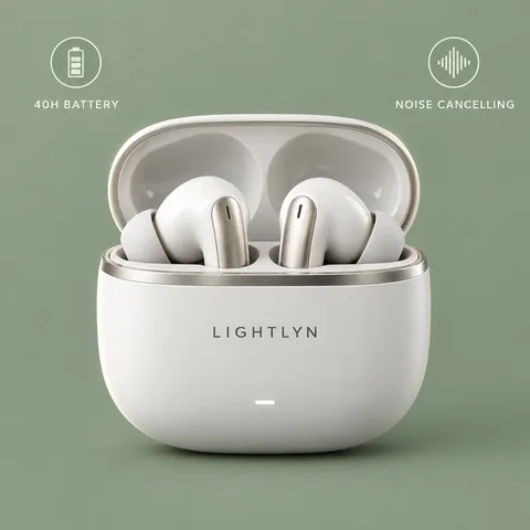 Flare: white earbuds in an open LIGHTLYN case on sage green, with 40H BATTERY and NOISE CANCELLING icons