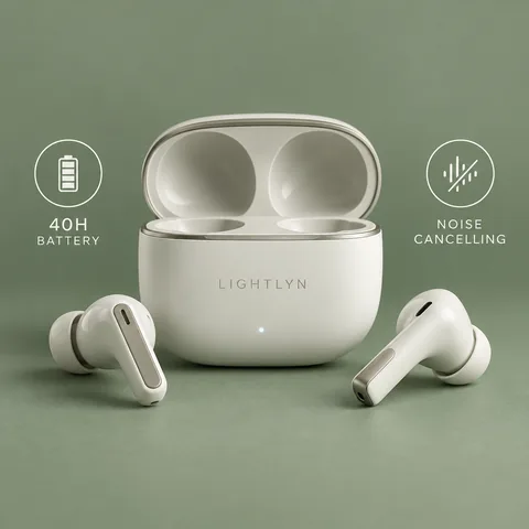 Sunburst: LIGHTLYN case with both earbuds in front of it on sage green, with the same two icons