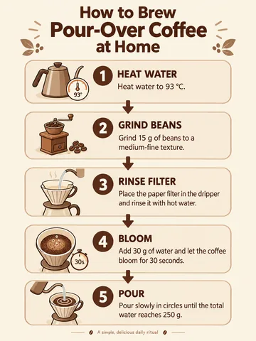 Flare: How to Brew Pour-Over Coffee at Home, five numbered steps with plain arrows between them