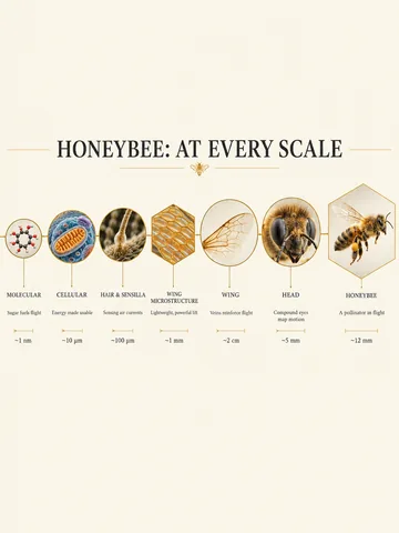 Flare’s honeybee scale diagram: seven small frames in one row across the middle of the page