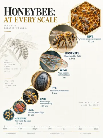 Sunburst’s honeybee scale diagram: seven growing frames climbing from a wax molecule to the hive, with a scale bar