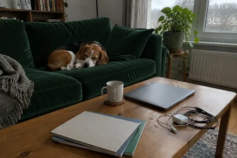 Sunburst: the same room with a dark green velvet sofa