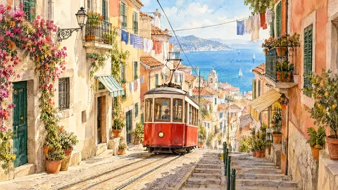 Flare: watercolor of a red tram climbing a street of pastel houses, flowers and laundry lines, with the sea behind