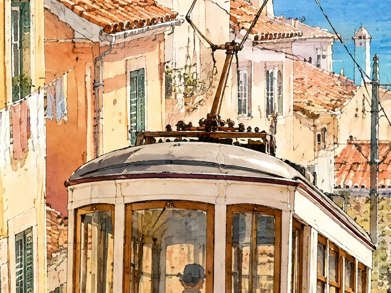 Flare at 100%: the tram roof, windows and laundry painted in fine watercolor detail