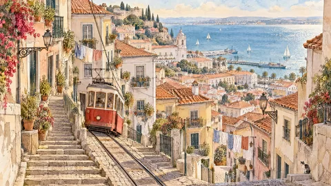 Sunburst: wider watercolor with the tram beside a long stairway, the town on a hill and a harbor full of boats