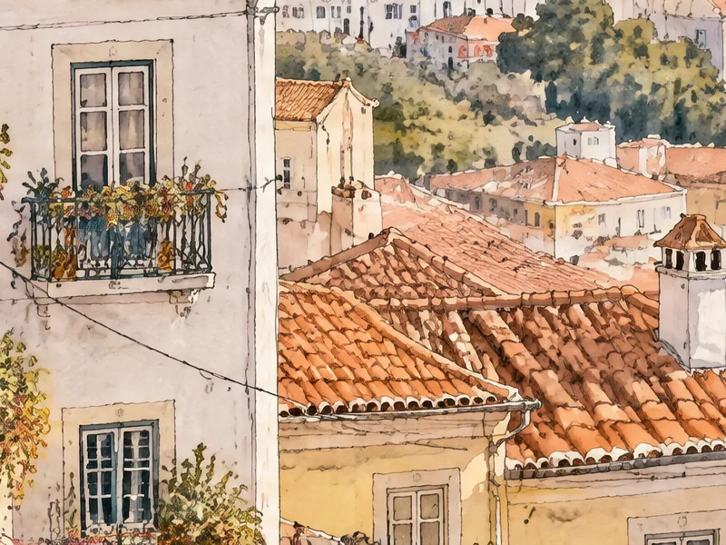 Sunburst at 100%: a balcony with flowers, roof tiles and distant houses in fine watercolor detail