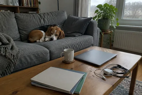 Original: a living room with a grey sofa, a sleeping beagle and a coffee table with a mug, laptop, notebooks and cables