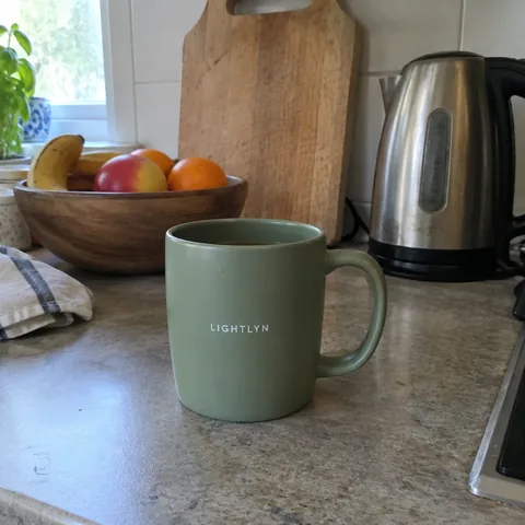 Phone photo of a sage-green LIGHTLYN mug on a cluttered kitchen counter