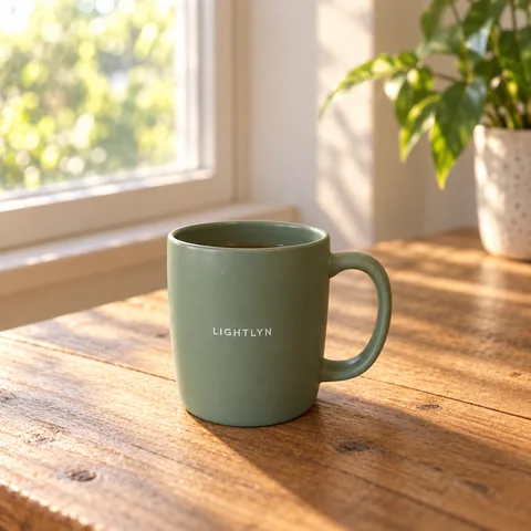 The mug on a sunlit wooden table by a window